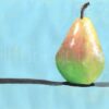 A profile view of a yellow, red and green pear with a brown stem against a blue background