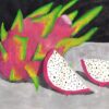 A still life painting of a dragon fruit with two slices in the foreground and a whole dragon fruit in the background