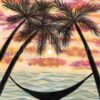 The black silhouette of a hammock and three palm trees with the ocean in the backgroun and an orange sky with red clouds