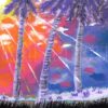 white sunbeams pass through purple palm trees with an orange and yellow sunset in the background set against a blue sky