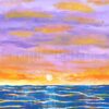 A blue ocean reflecting orange and purple clouds and a white setting sun