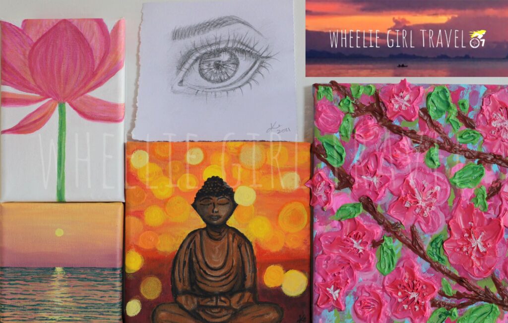 Several paintings in a collage format. The top left shows a pink lotus flower against a white background with a long green stem. The bottom left  shows a yellow sun reflecting over waves. The top middle shows a sketch of a women's eye. The bottom middle shows a buddha figure with orange bokeh lights in the background. The top right shows the wheelie girl travel logo against an orange and purple sunset background. The bottom right shows an impasto painting with pink blossoms with white centers and green leaves. All of the paintings are on canvases. 