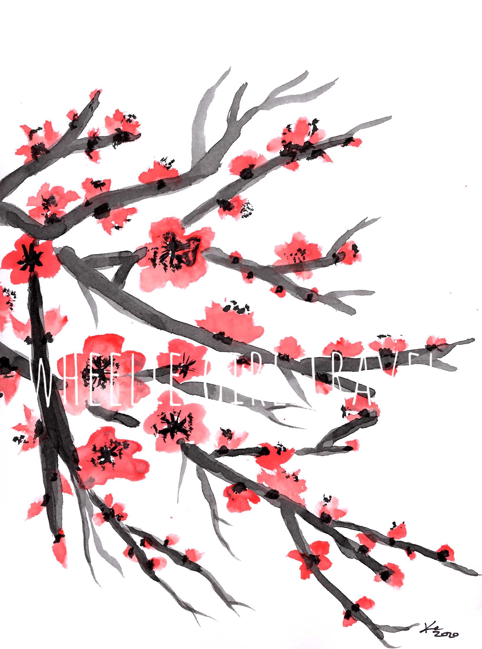 Red plum blossoms with black centers and small red buds are seen on black and grey branches.