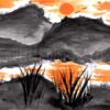 An orange sun is set against an orange and white sky with two black birds silhouetted in the distance There are black and grey mountains in the background and a body of water reflecting the sky in front of them. In the foreground is a grey rocky outcrop with black and grey blades of grass silhouetted against the water