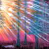 komorebi meaning the light that filters through the tree tops in a forest. Rays of white and orange light are seen radiating through blue pine trees against a pink and purple background. There are black blades of grass in the foreground.