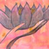 Hands with slender fingers hold out a gray and pink lotus flower with a gold center. The background is various shades of gold and pink