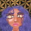 A woman's face with long purple hair over her shoulders and yellow eyes with maroom and pink edges. She has light pink lips and there are pieces of hair over her face. The background shows a gold flower of life pattern against a black background